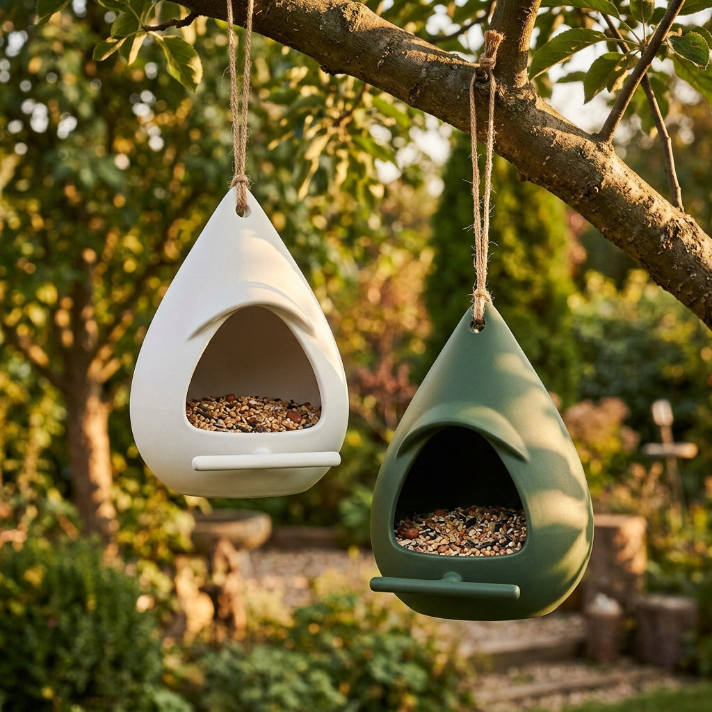 Matte White and Garden Green teardrop hanging bird feeders suspended side by side from an apple tree branch at sunset