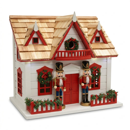 Handcrafted Nutcracker Manor Holiday Wooden Birdhouse with LED Lights and Cedar Shingle Roof on pure white background - BIRDLOVER
