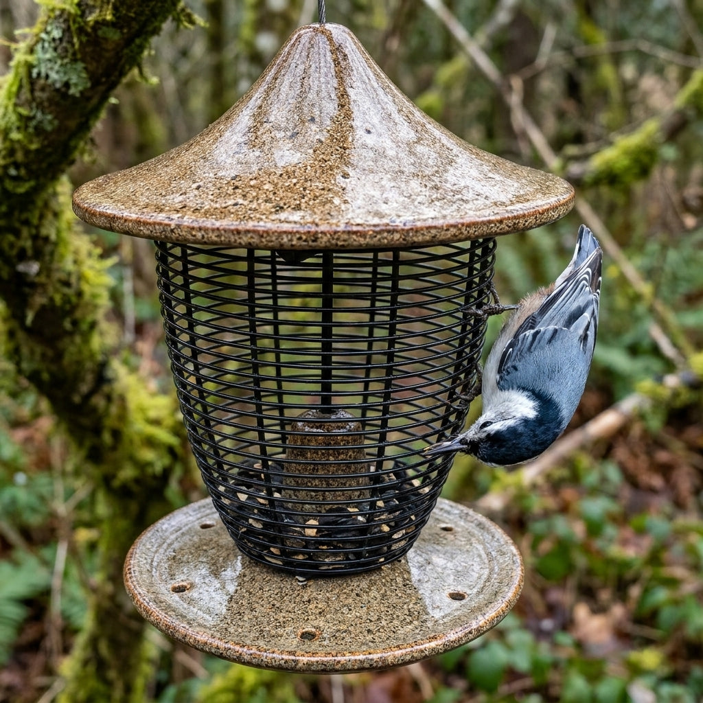 Close-up of the Sandy Granite glazed stoneware roof, steel wire basket and drainage-hole base with a White-breasted Nuthatch