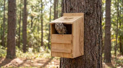 Cedar open-front nest box mounted on a pine tree trunk in a forest, shown with an Eastern Screech Owl at the opening