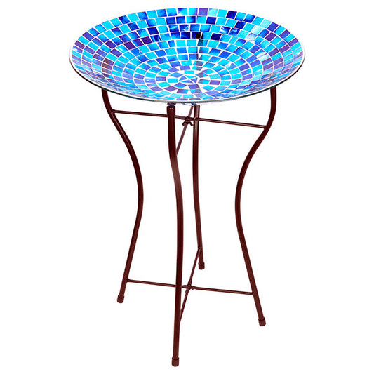 Glass Mosaic Bird Bath with Steel Stand, Blue - BIRDLOVER