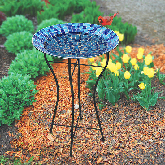 Glass Mosaic Bird Bath with Steel Stand, Blue - BIRDLOVER