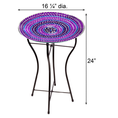 Glass Mosaic Bird Bath with Steel Stand, Purple