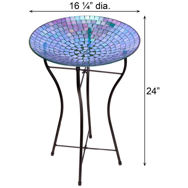 Glass Mosaic Bird Bath with Steel Stand, Rainbow