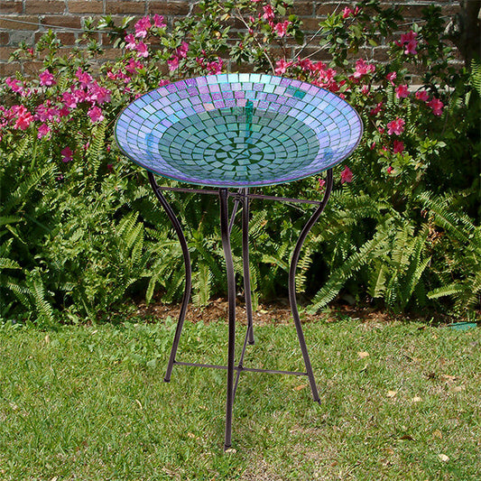 Glass Mosaic Bird Bath with Steel Stand, Rainbow - BIRDLOVER