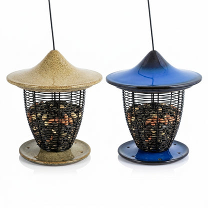 Handcrafted Glazed Ceramic and Steel Wire Pagoda Hanging Bird Feeders in Sandy Granite and Cobalt Blue on pure white background - BIRDLOVER