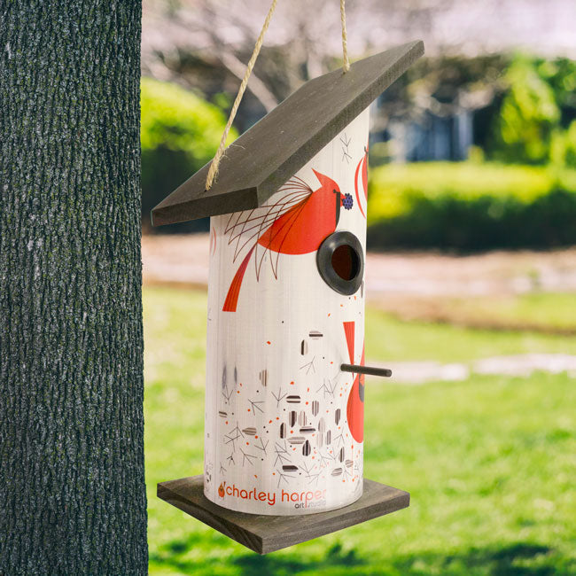 Charley Harper Cardinal Log Hanging Bird House, Large