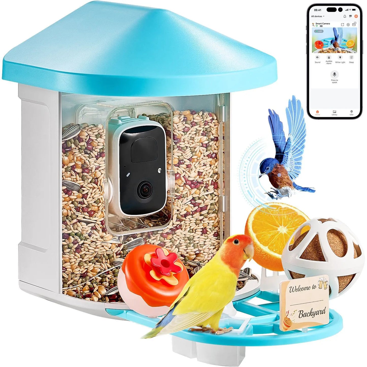 Smart bird feeder camera with the phone app shown alongside, a bird landing on the perch tray