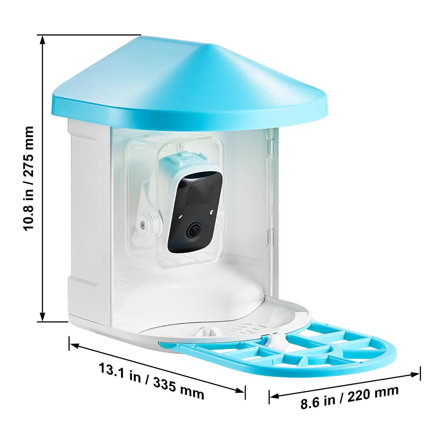 Smart bird feeder with camera shown with dimensions: 13.1 in wide, 8.6 in deep, 10.8 in tall