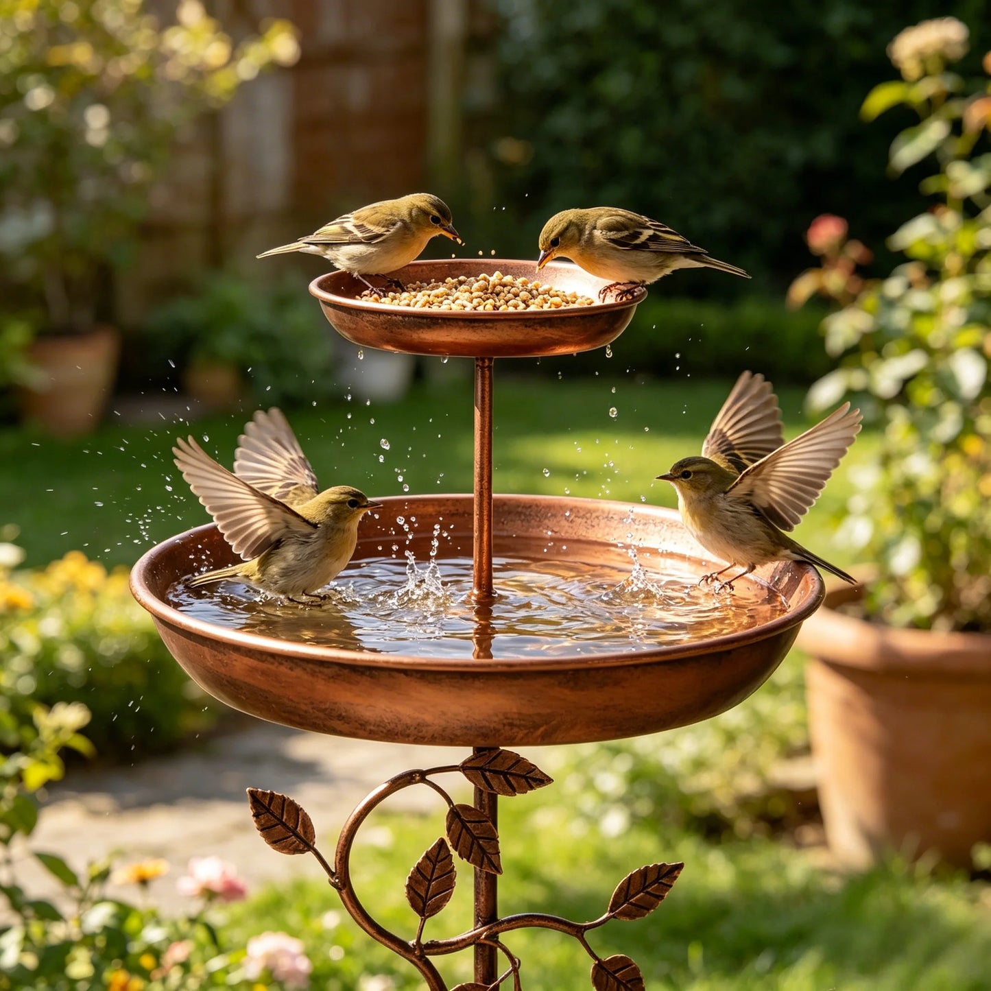 Two-Tier Metal Bird Bath and Feeder — Copper Finish, Five-Legged Base