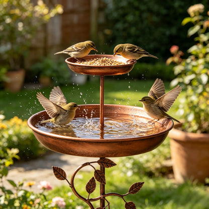 Two-Tier Metal Bird Bath and Feeder — Copper Finish, Five-Legged Base