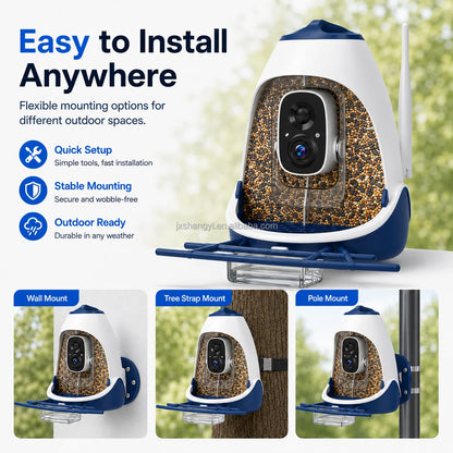 Three mounting options for the bird feeder camera: wall bracket, tree strap and pole mount