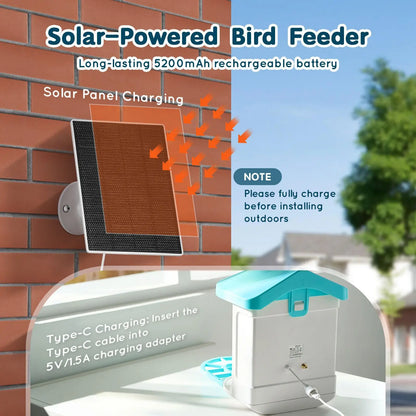 Solar panel charging the 5200 mAh rechargeable battery of the wireless bird feeder camera