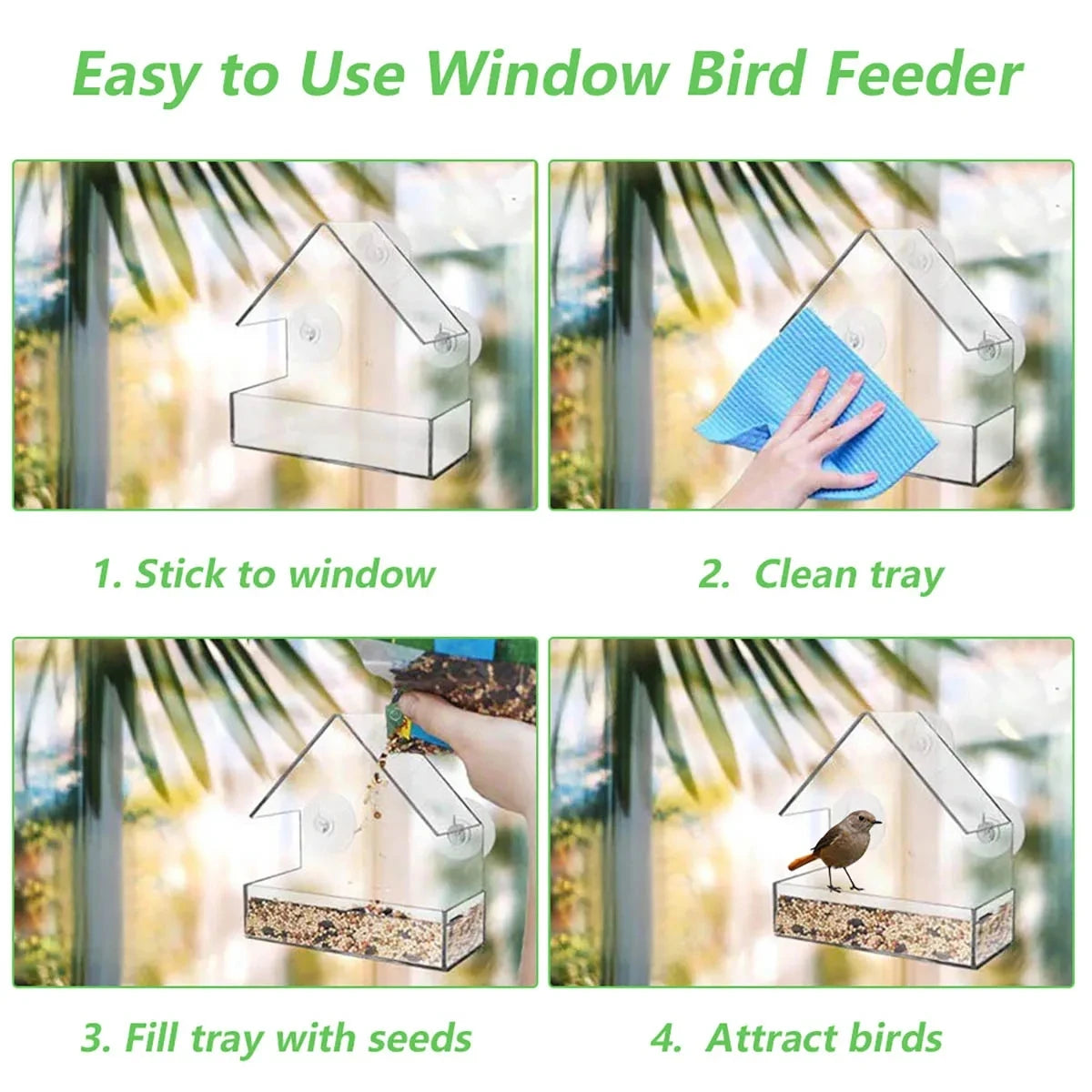 House Window Bird Feeder — Clear Acrylic with 3 Suction Cups