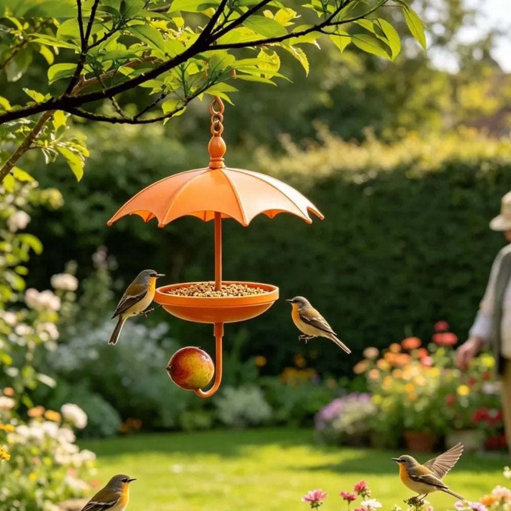 Gold Umbrella Bird Feeder — Iron Hanging Feeder with Rain Guard