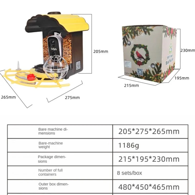 Squirrel proof bird feeder camera dimensions: 205 x 275 x 265 mm, 1186 g, with packaging size