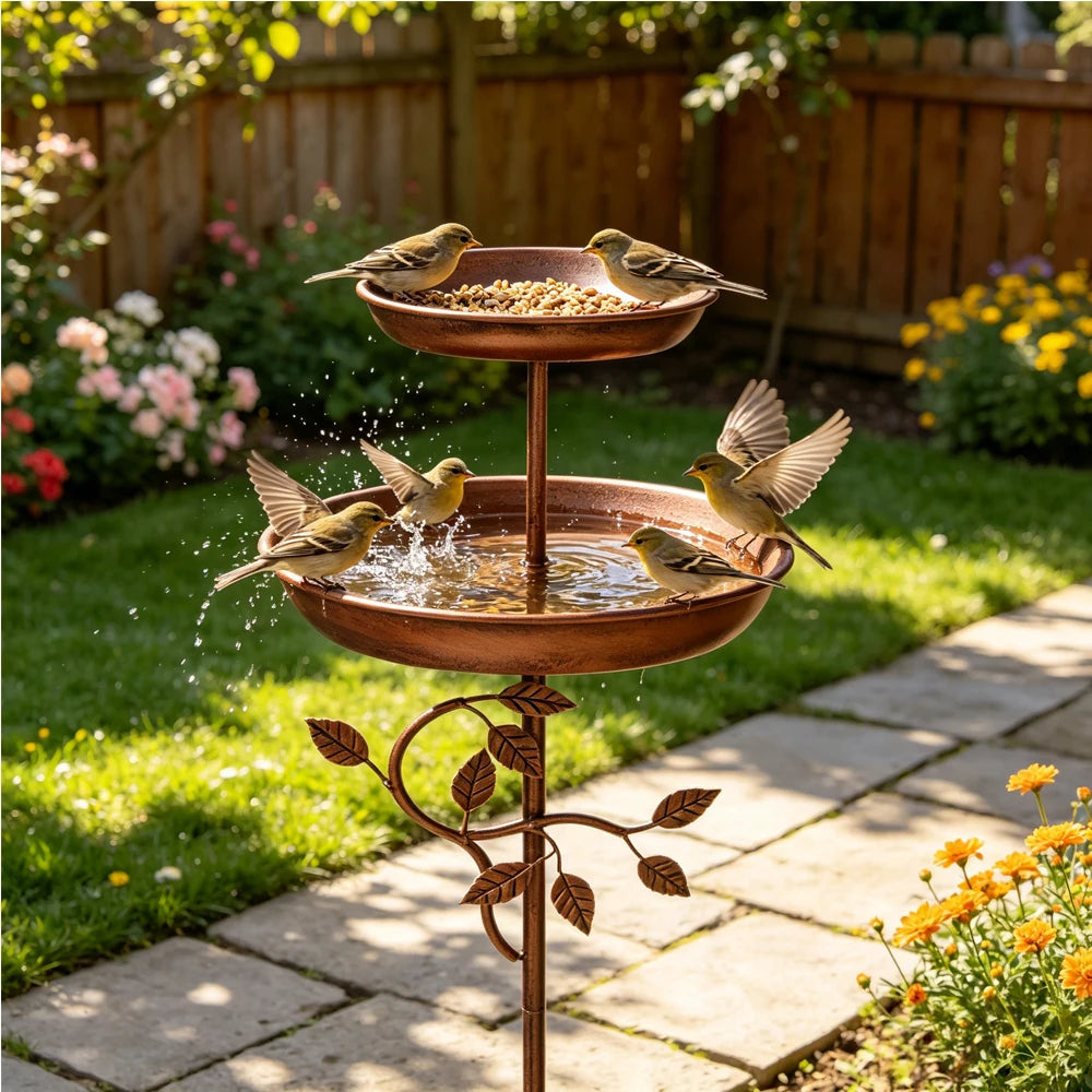 Two-Tier Metal Bird Bath and Feeder — Copper Finish, Five-Legged Base