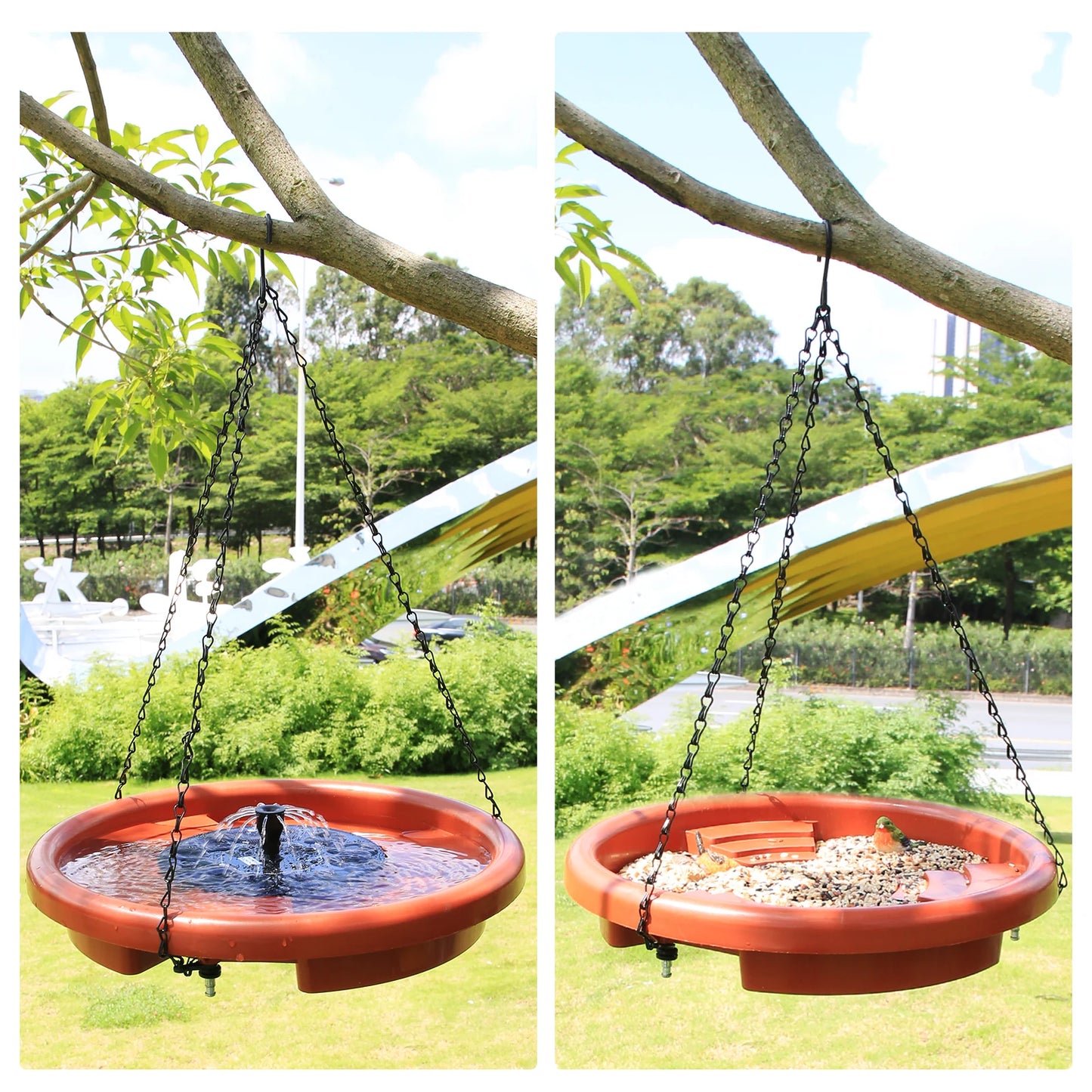 Hanging Bird Bath with Fountain — 12 in Bowl, Solar Pump Included