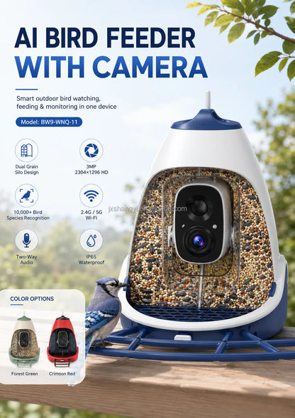 Waterproof bird feeder camera feature card: dual grain silo, 3MP 2304x1296 HD, 2.4G and 5G WiFi, two-way audio, IP65