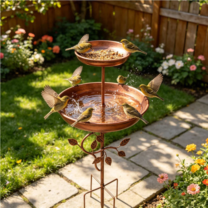 Two-Tier Metal Bird Bath and Feeder — Copper Finish, Five-Legged Base