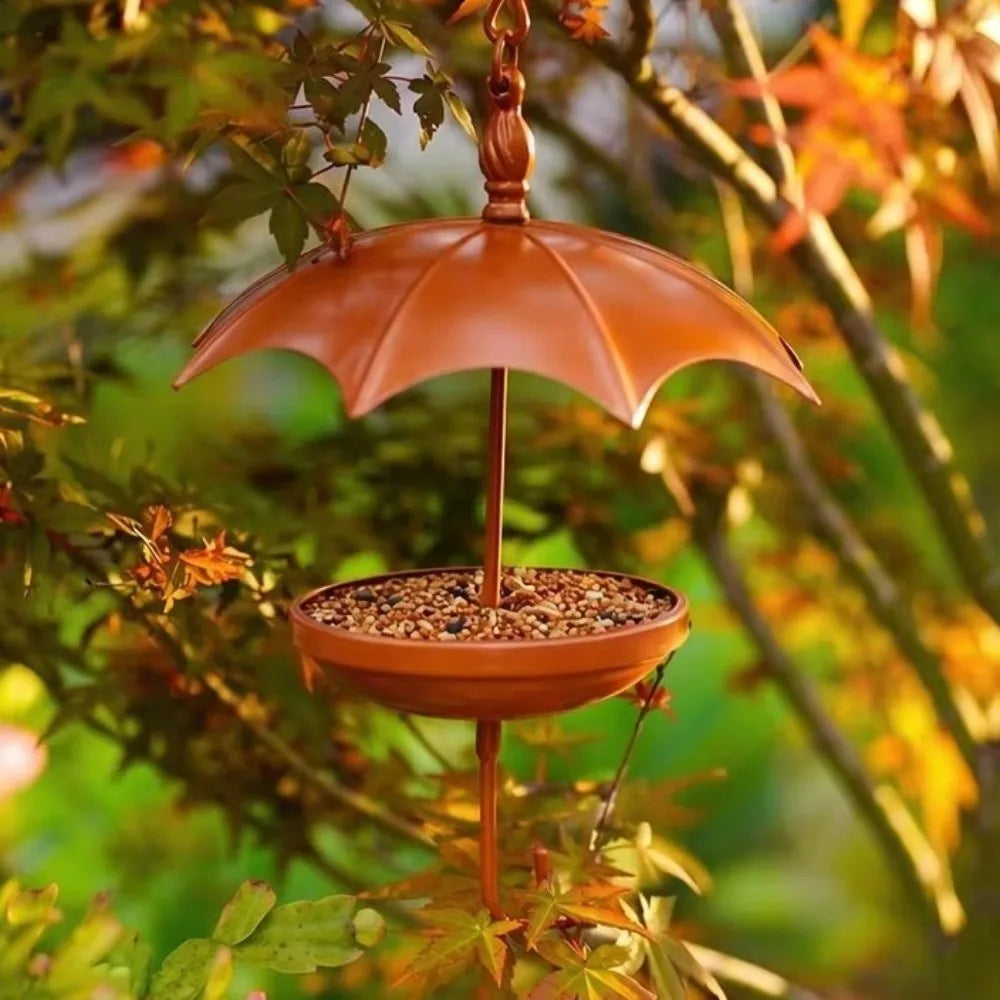 Gold Umbrella Bird Feeder — Iron Hanging Feeder with Rain Guard