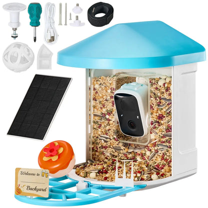 Everything included in the box: camera module, solar panel, tree strap, screw bracket, screwdriver, fruit spike and suet ball holder