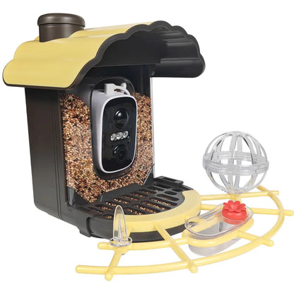 Close view of the camera module, perch bar, fruit spike and suet cage on the bird feeder camera