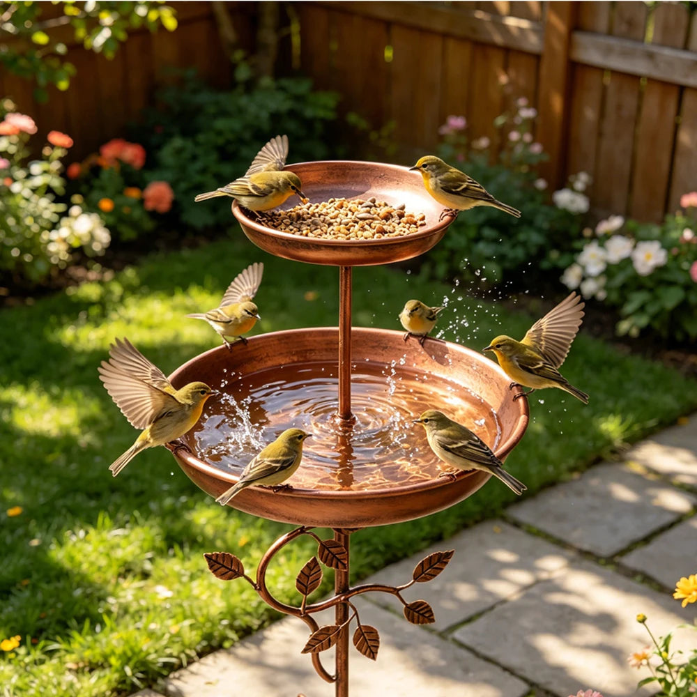 Two-Tier Metal Bird Bath and Feeder — Copper Finish, Five-Legged Base