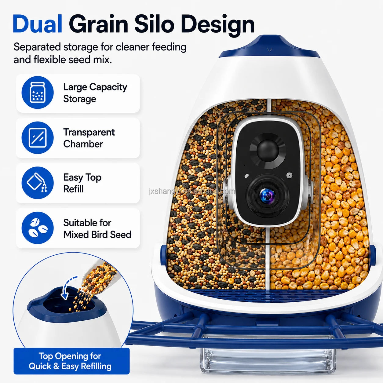 Dual grain silo design with two separate transparent seed chambers and a top-opening refill lid