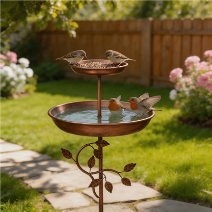 Two-Tier Metal Bird Bath and Feeder — Copper Finish, Five-Legged Base