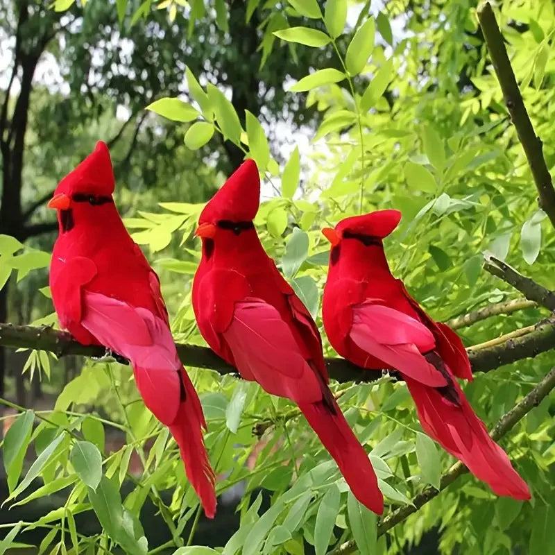 Artificial Red Birds — Set of 3 Clip-On Garden and Tree Ornaments