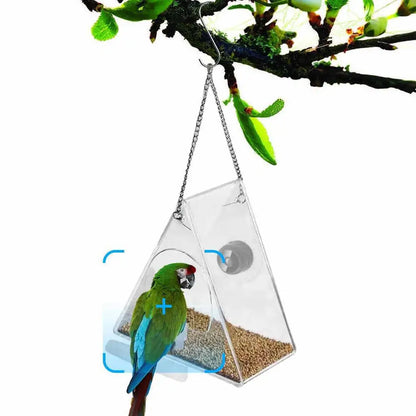 Triangle style clear acrylic bird feeder hanging from a branch