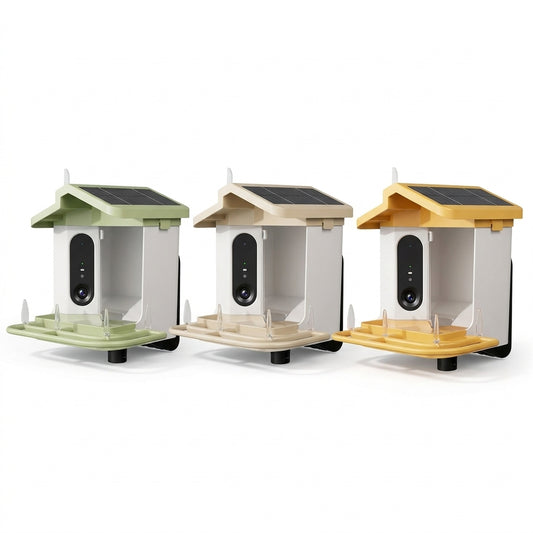 1.5L Solar Smart Bird Feeder with AI Camera in Green, Beige, and Yellow on pure white background - BIRDLOVER