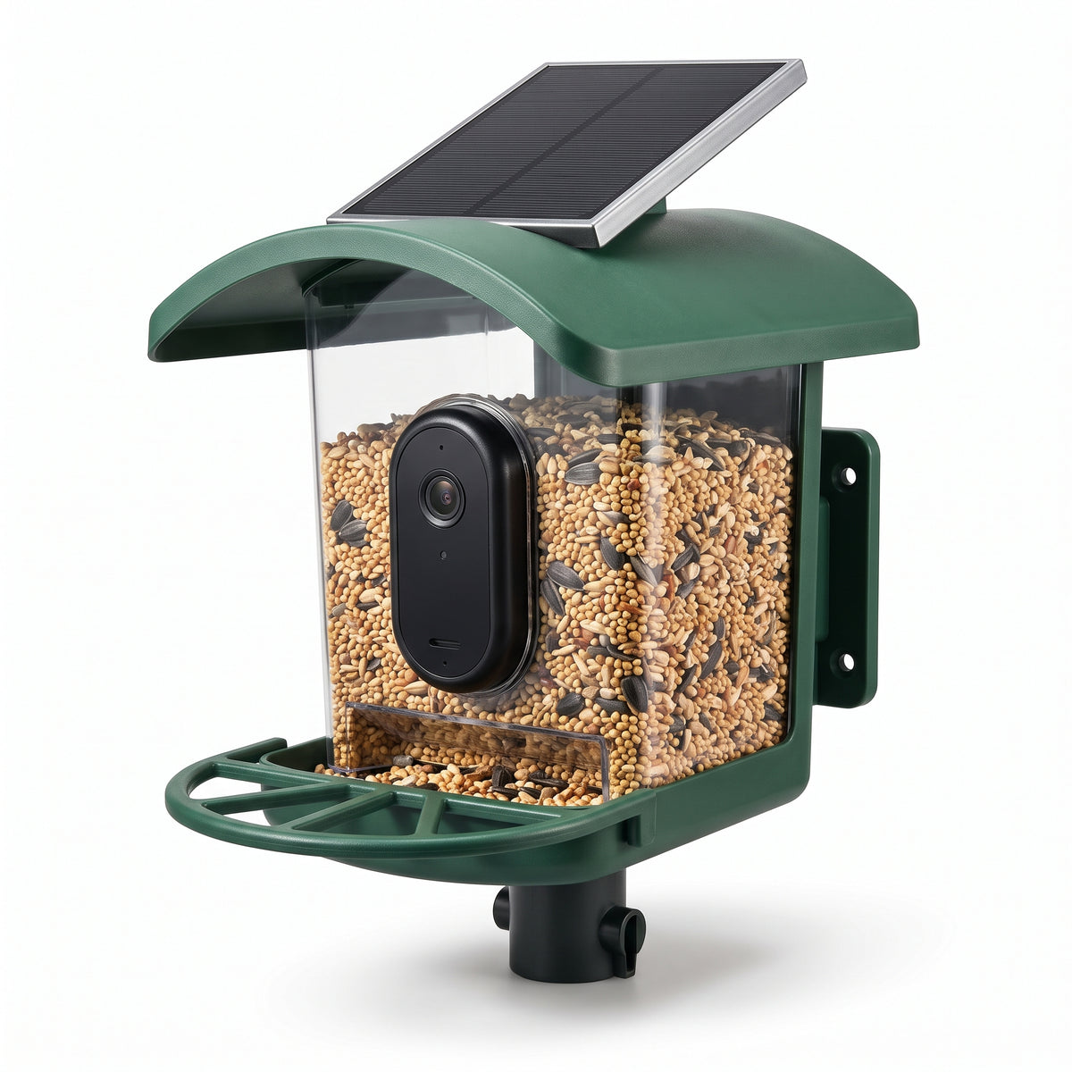 WiFi camera bird feeder with solar panel, mountable on a tree, wall or garden pole