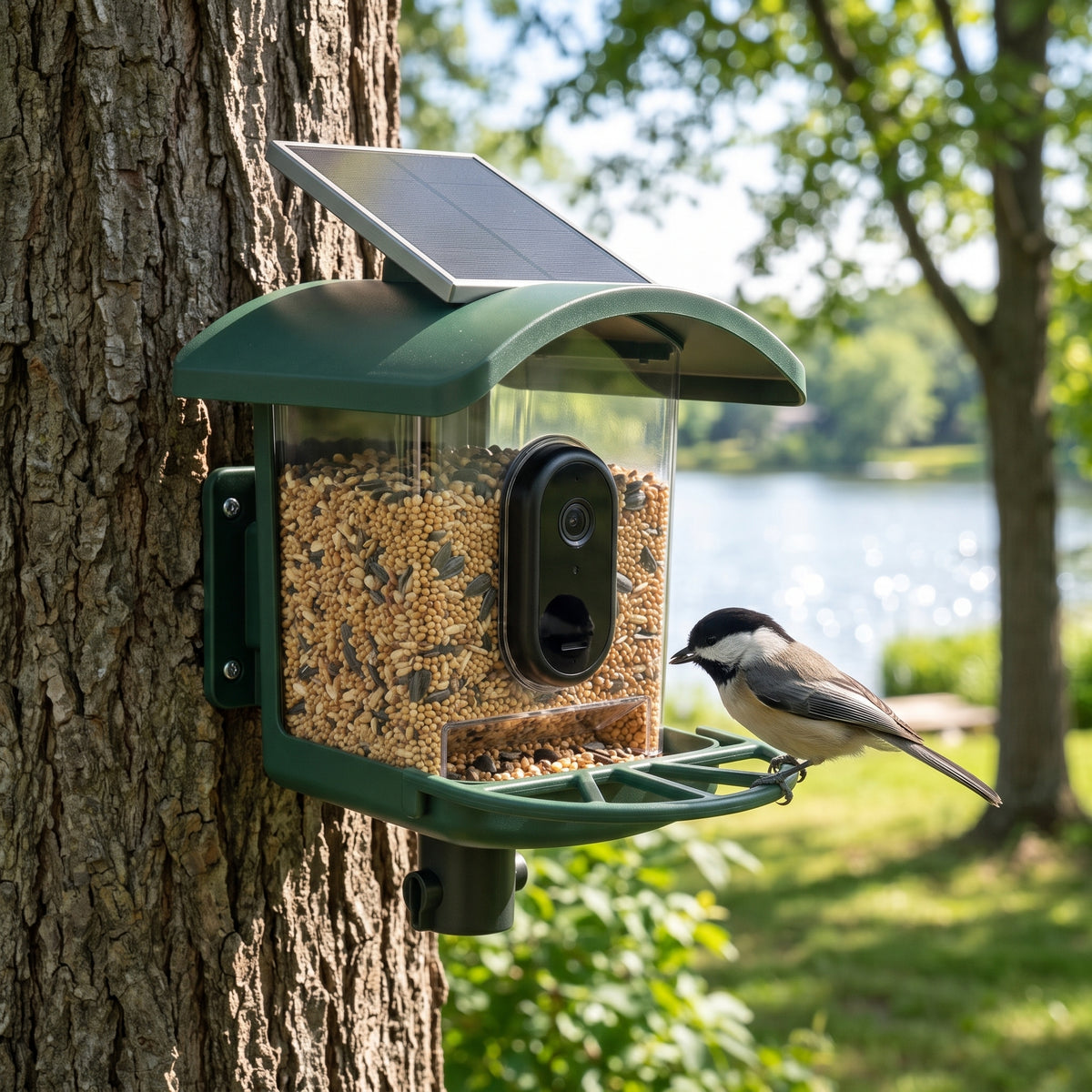 Smart bird feeder with camera for watching cardinals and backyard birds up close