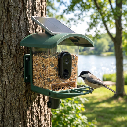Smart bird feeder with camera for watching cardinals and backyard birds up close