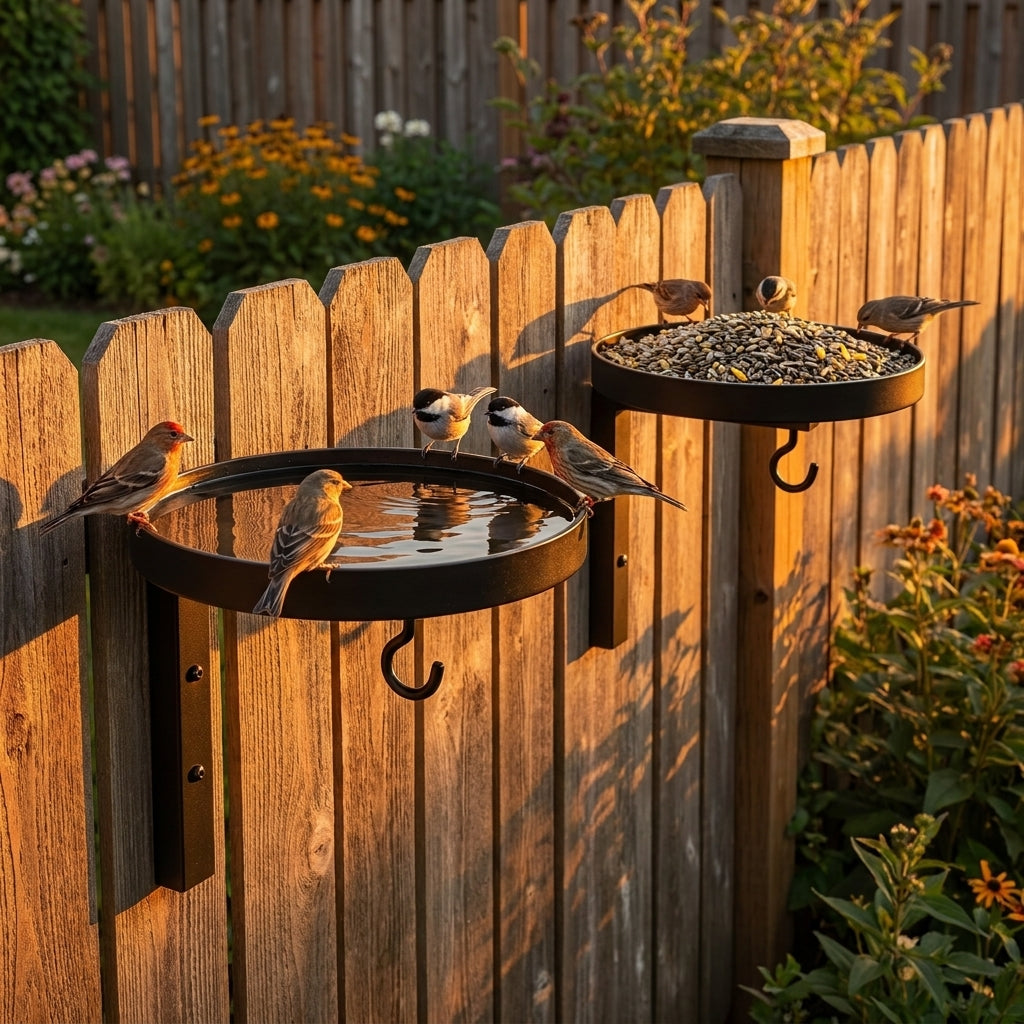 2-Pack pair of 3-in-1 Wall-Mounted Bird Baths on a wooden garden fence at golden hour, one filled with water and one with seed