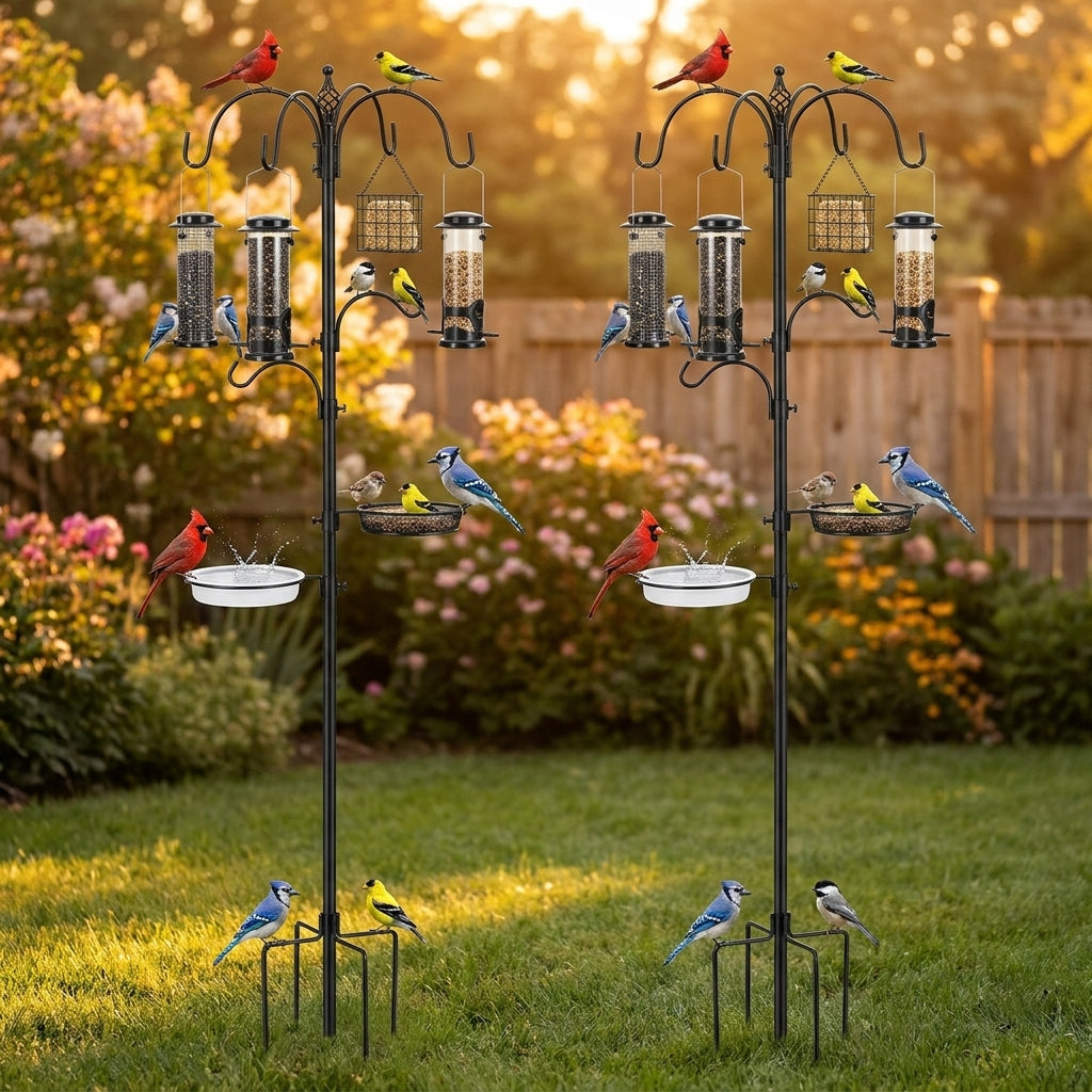 2-Pack of 94-inch multi-hook bird feeding station poles in a backyard at golden hour with cardinals, blue jays, goldfinches and chickadees