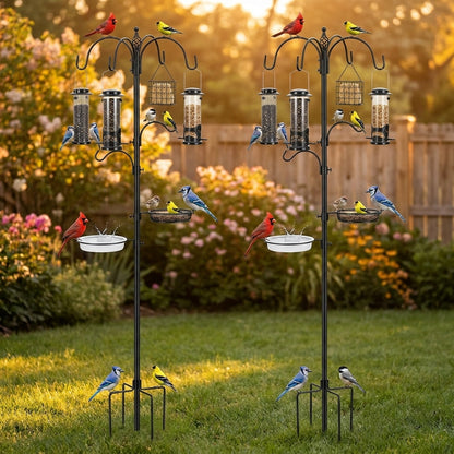 2-Pack of 94-inch multi-hook bird feeding station poles in a backyard at golden hour with cardinals, blue jays, goldfinches and chickadees