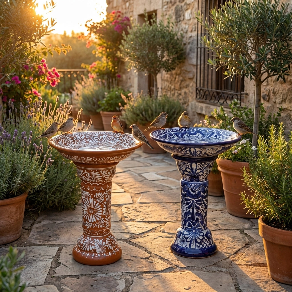 Terracotta Brown and Cobalt Blue Talavera ceramic pedestal bird baths on a stone patio at golden hour with small songbirds on the rims