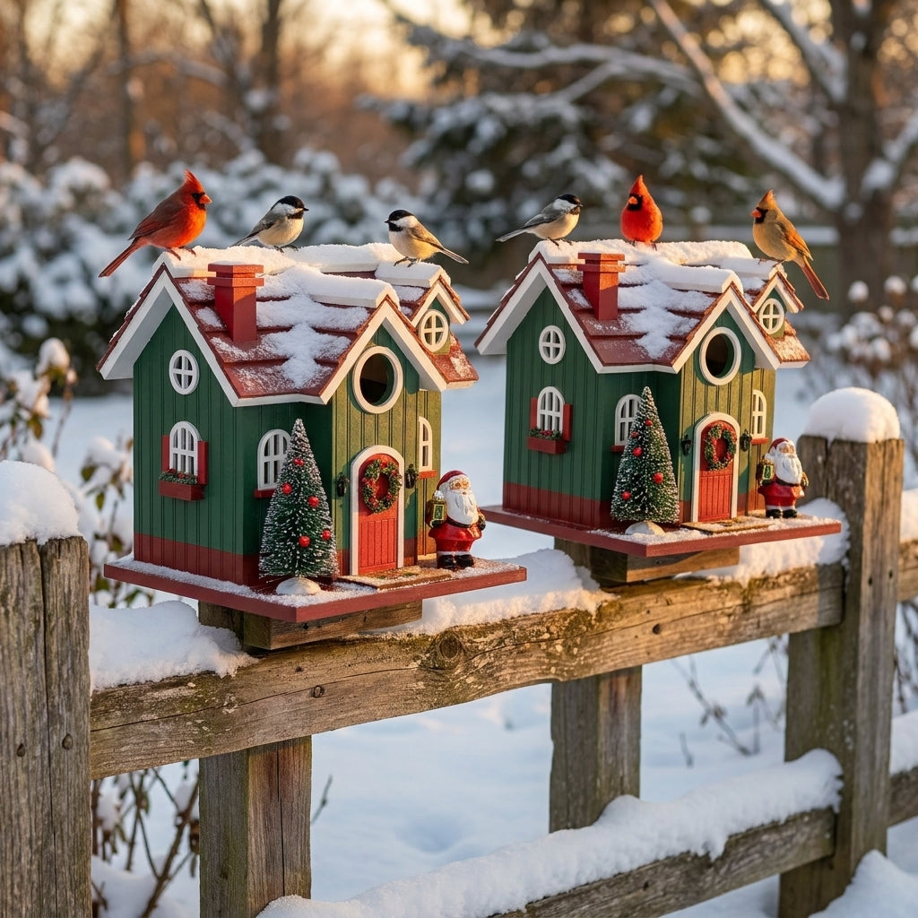 2-Pack of Mistletoe Manor Holiday Wooden Birdhouses on a snowy garden fence at golden hour