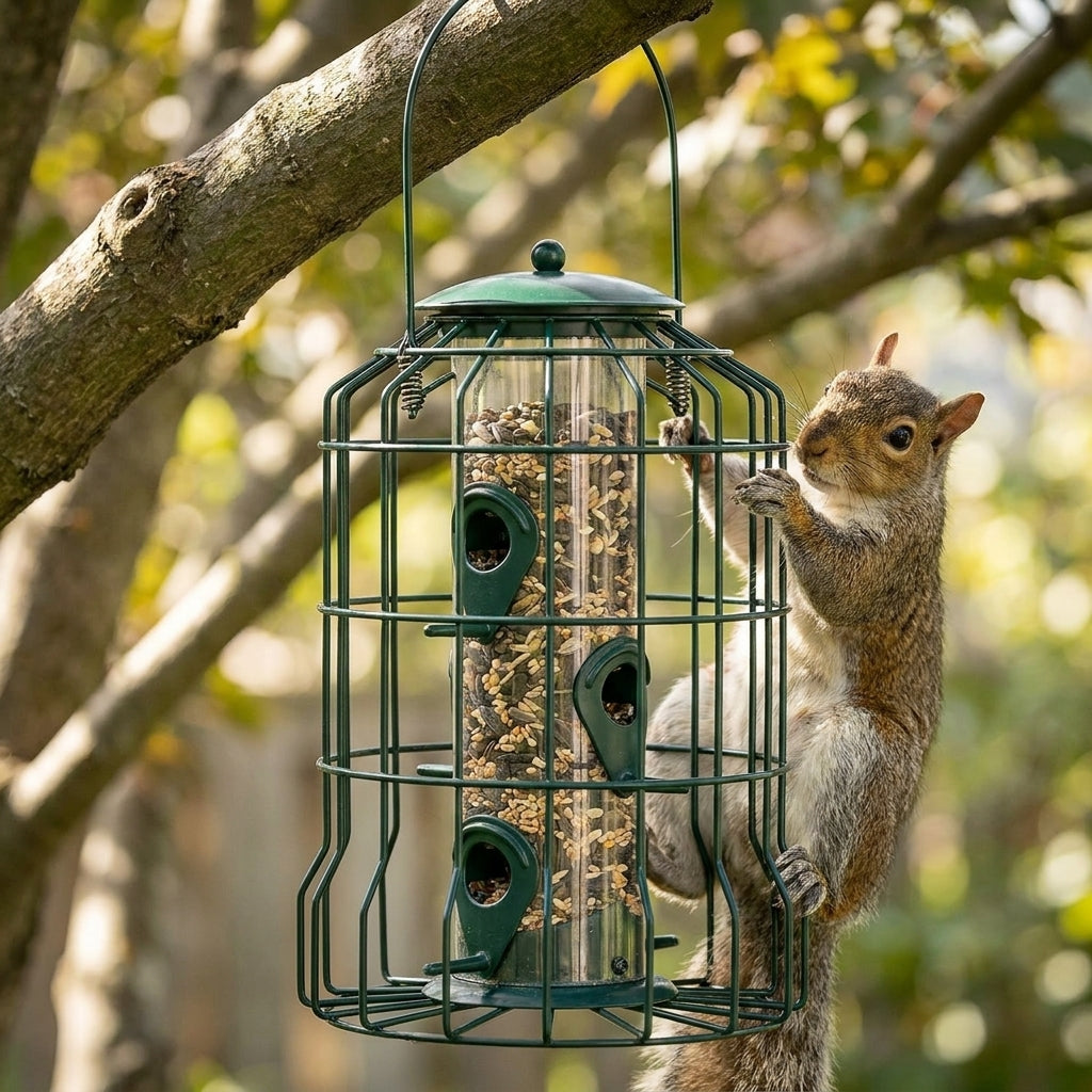 Close-up of squirrel-resistant locking top latch and Forest Green steel wire cage blocking a grey squirrel