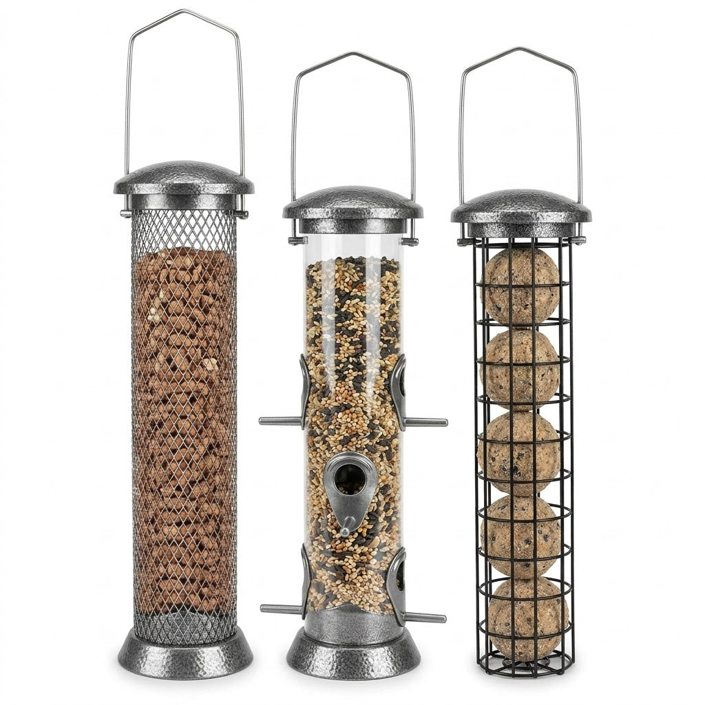 Tall Sterling Heavy-Duty Triple Bird Feeder Set 15 inch with Seed Tube, Peanut Mesh, and Suet Ball Feeders on pure white background - BIRDLOVER