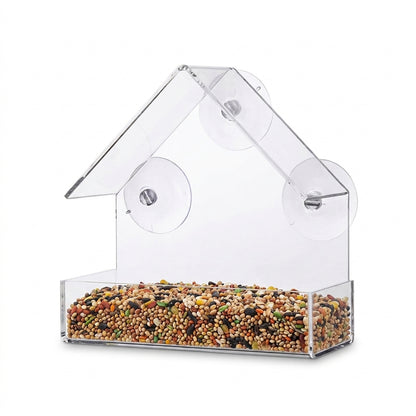 Crystal-Clear Acrylic House Window Bird Feeder with 3 Suction Cups and a Pitched Roof, Seed Tray Filled, on a White Background - BIRDLOVER