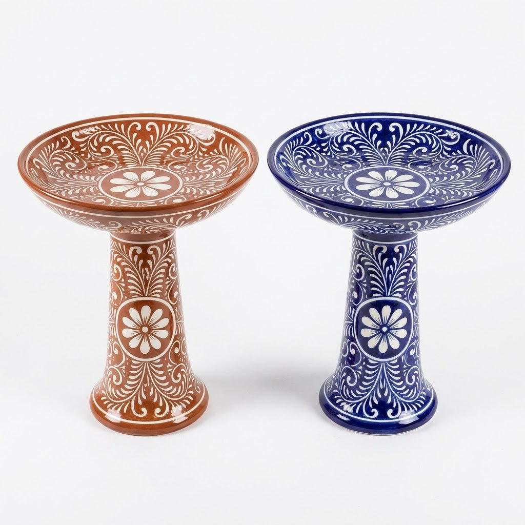 Hand-Painted Mexican Talavera Ceramic Pedestal Bird Baths in Terracotta Brown & White and Cobalt Blue & White on pure white background - BIRDLOVER