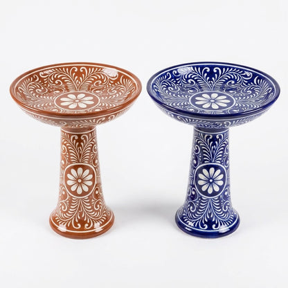 Hand-Painted Mexican Talavera Ceramic Pedestal Bird Baths in Terracotta Brown & White and Cobalt Blue & White on pure white background - BIRDLOVER