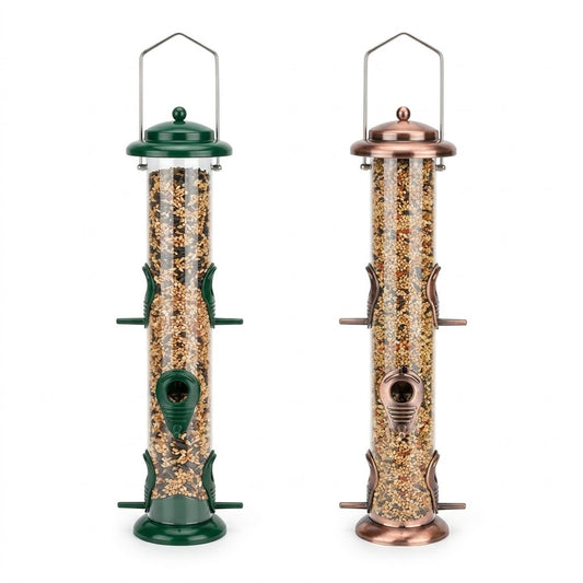 Classic 6-Port Metal Hanging Tube Bird Feeders in Forest Green and Antique Red Bronze side by side on pure white background - BIRDLOVER