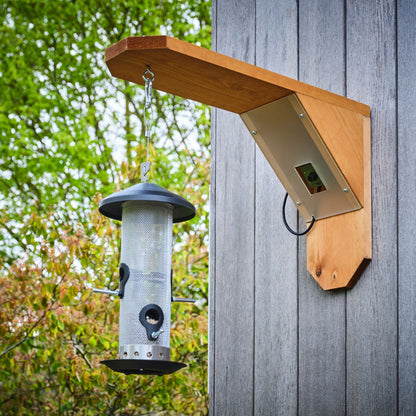 Bird feeder hanging from a wooden bracket on a wooden wall with trees in the background