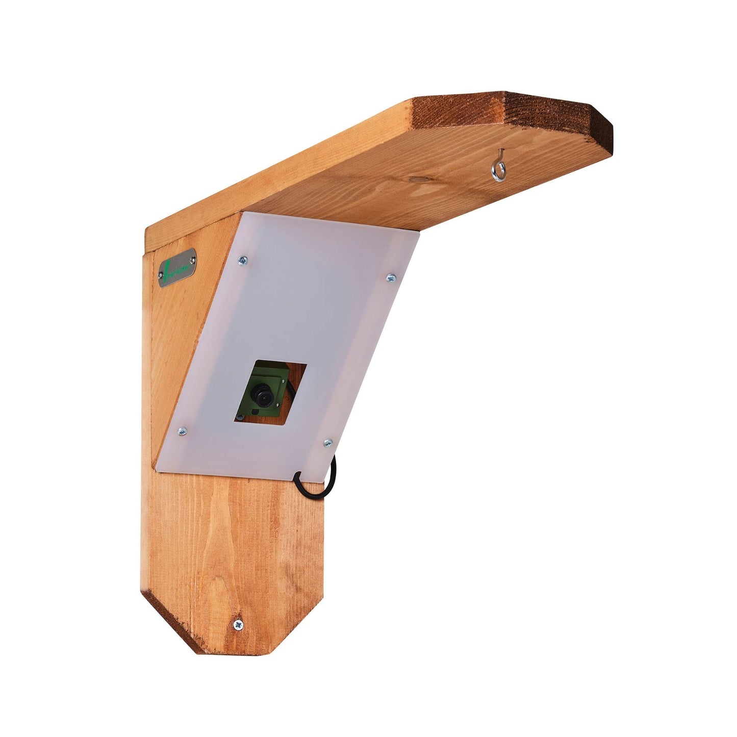 Wooden bracket with electronic components on a white background
