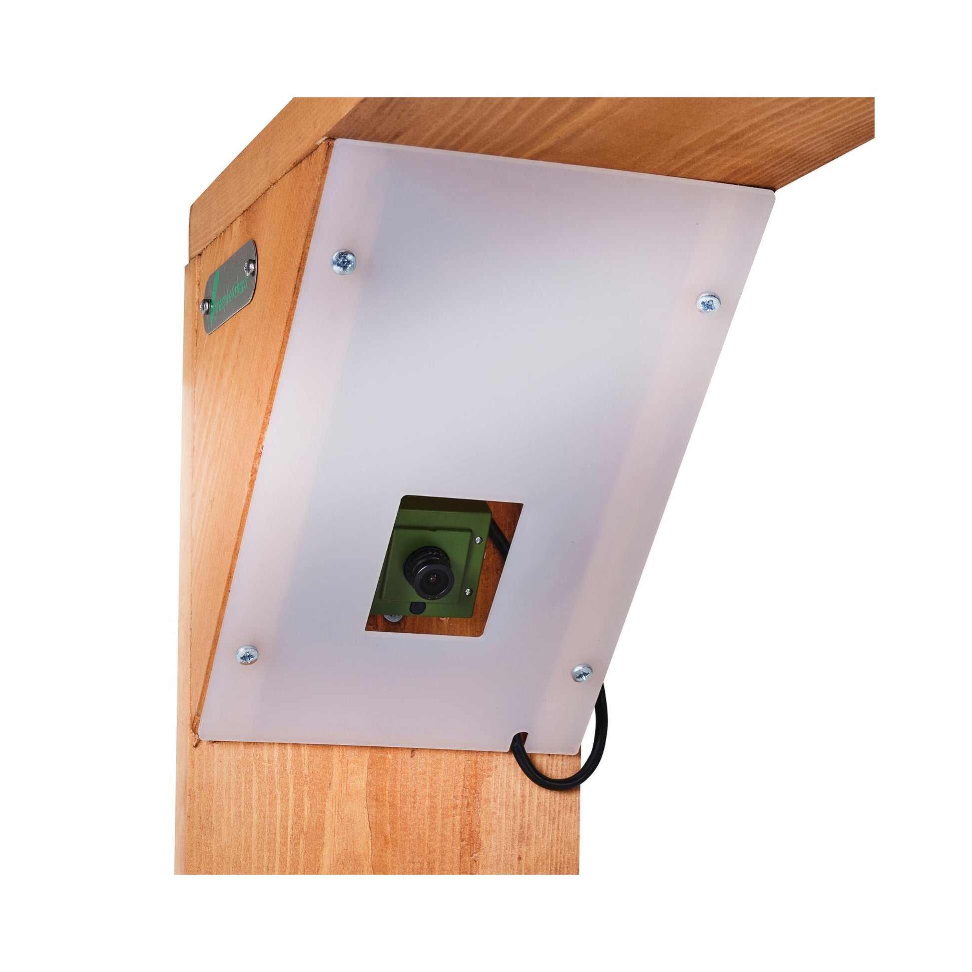 Wooden panel with a camera embedded in it on a white background